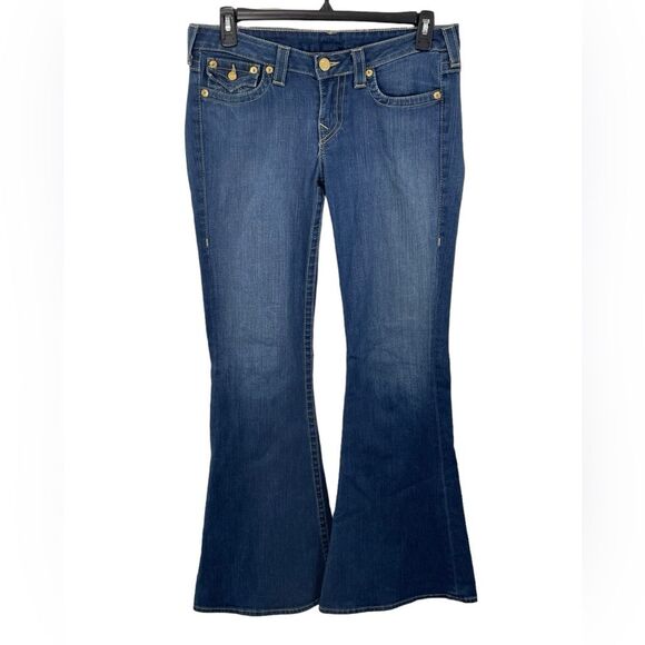 True Religion Raegan Low Rise Bell Bottom Flare‎ Gold Back Patch Jeans Size 32 - Picture 1 of 7